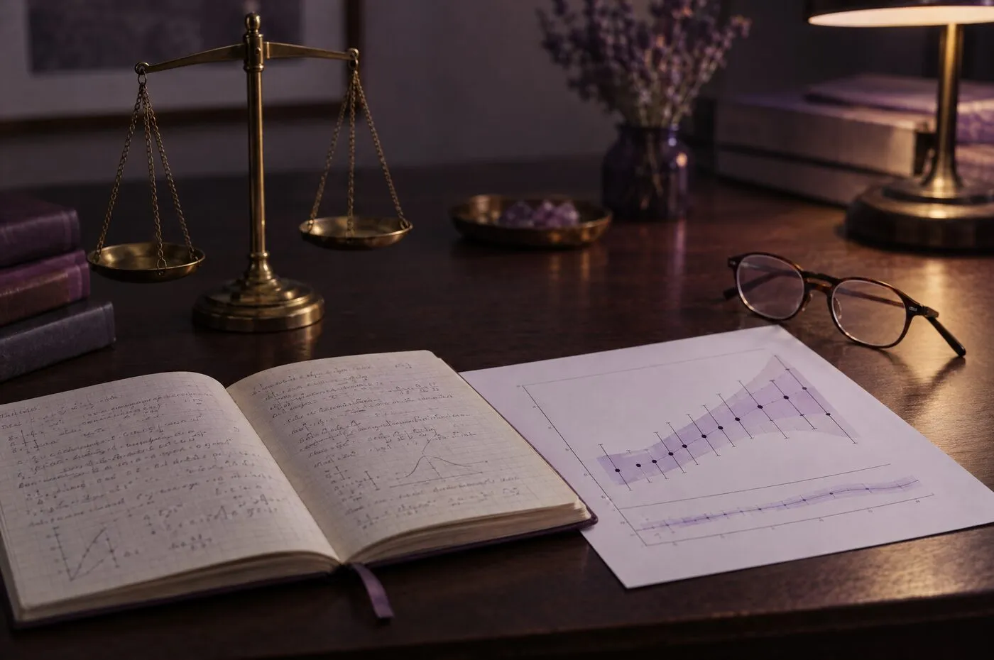 An open notebook of handwritten notes beside a printed graph, a pair of glasses and a brass balance scale on a desk